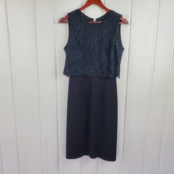 Rebecca Taylor Navy Blue Sleeveless Crew Neck Lace Sheath Cocktail Dress Size 2 - Picture 2 of 12
